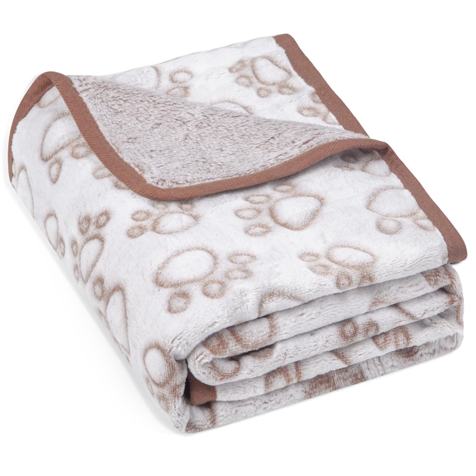 Stuffed brown fleece dog blanket with paw print design