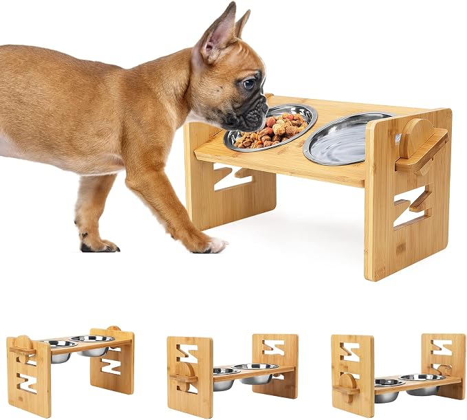 Adjustable raised and tilted bamboo dog feeding station with stainless steel bowl for flat faced dogs
