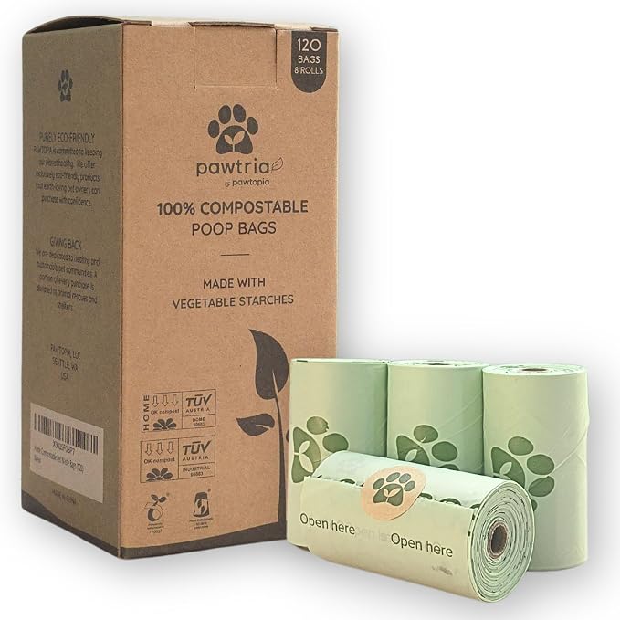 Pawtria home compostable dog poop bag rolls, 120 bags on eight rolls