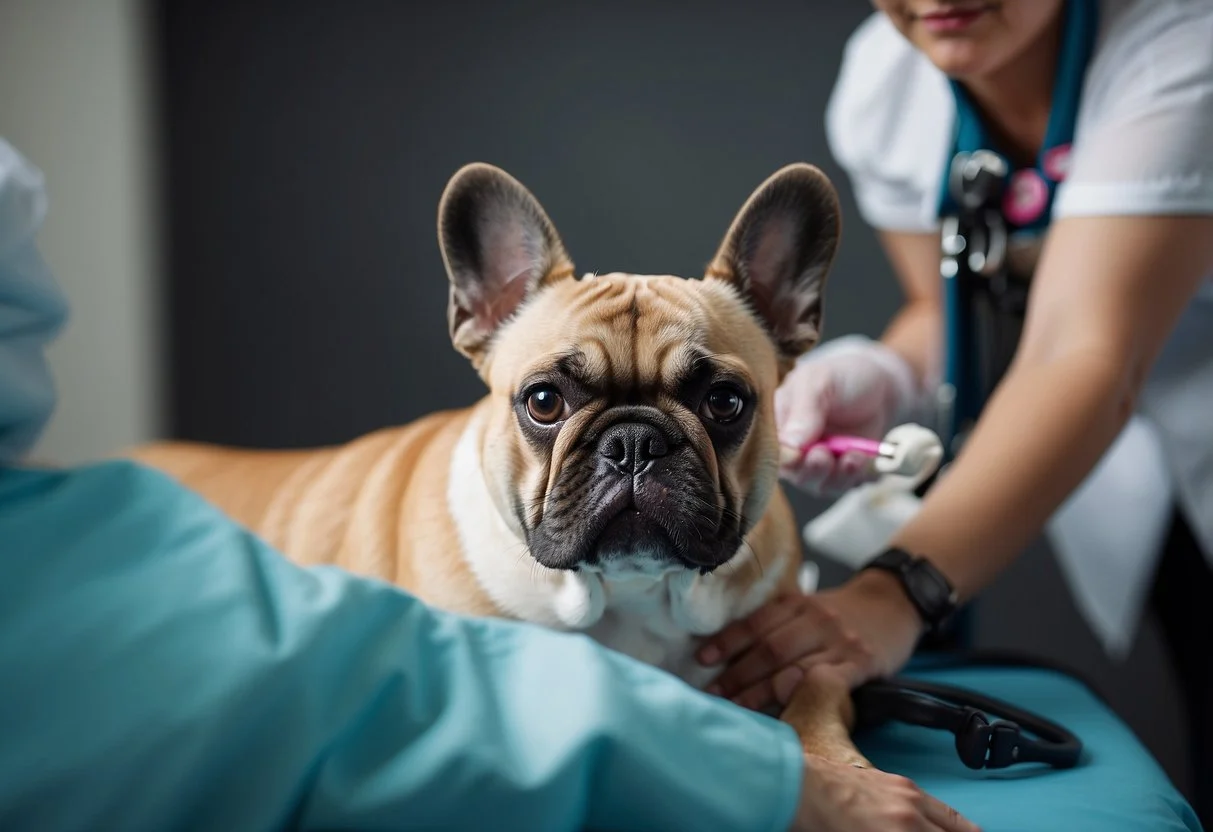 A fluffy French Bulldog with a visible cherry eye, receiving treatment from a veterinarian