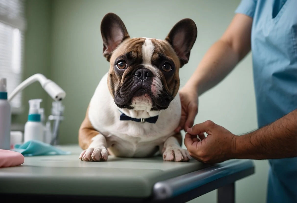 A fluffy French bulldog receiving cherry eye treatment from a veterinarian using gentle hands and medical tools in a bright, clean clinic room