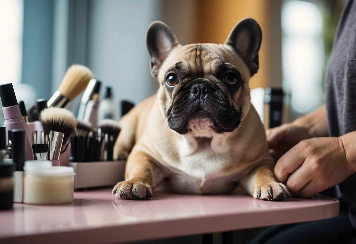 A fluffy French bulldog being brushed and groomed with a soft brush and gentle care products