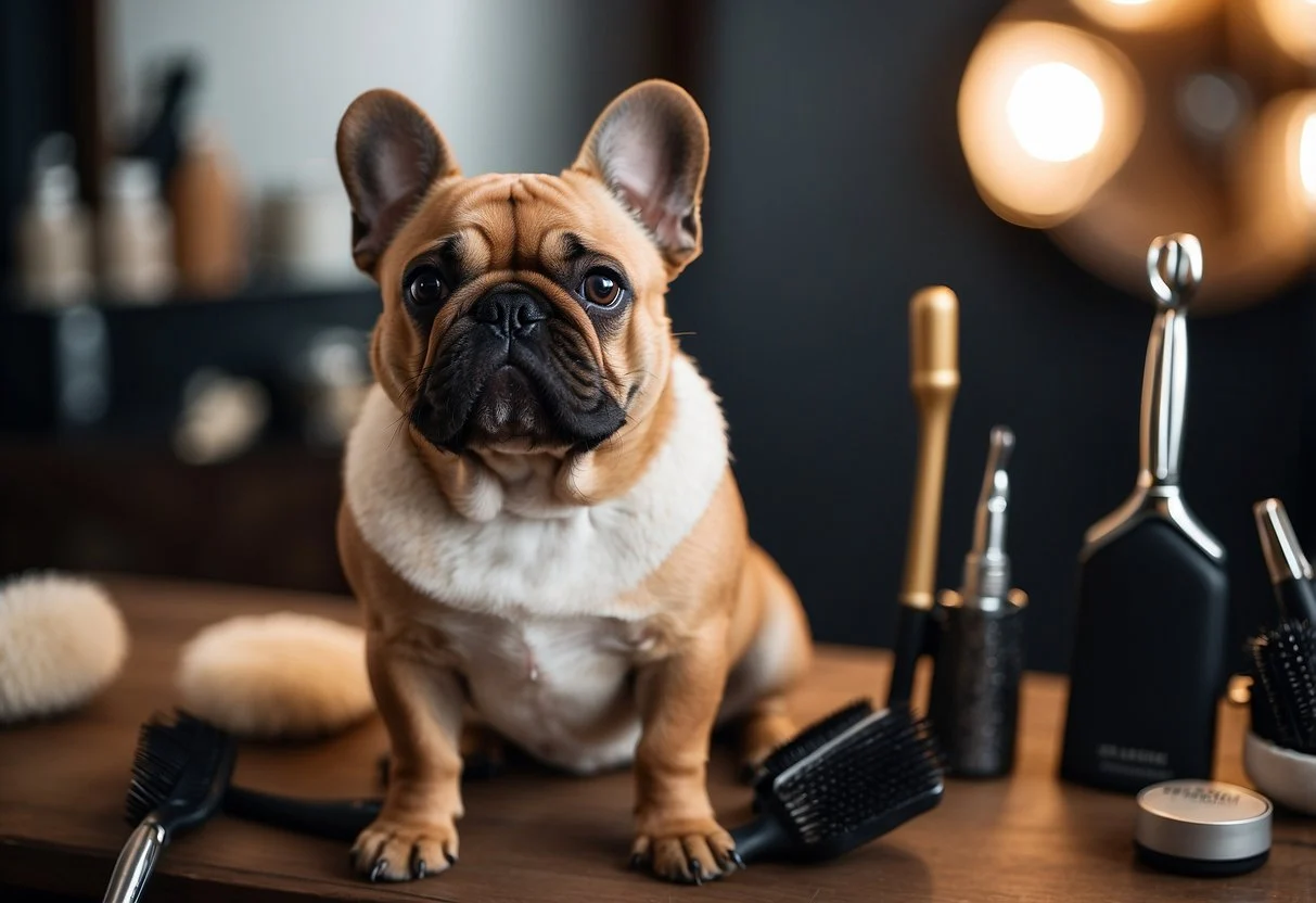 A fluffy Frenchie dog sits calmly as its coat is gently brushed and groomed, surrounded by various grooming tools and products