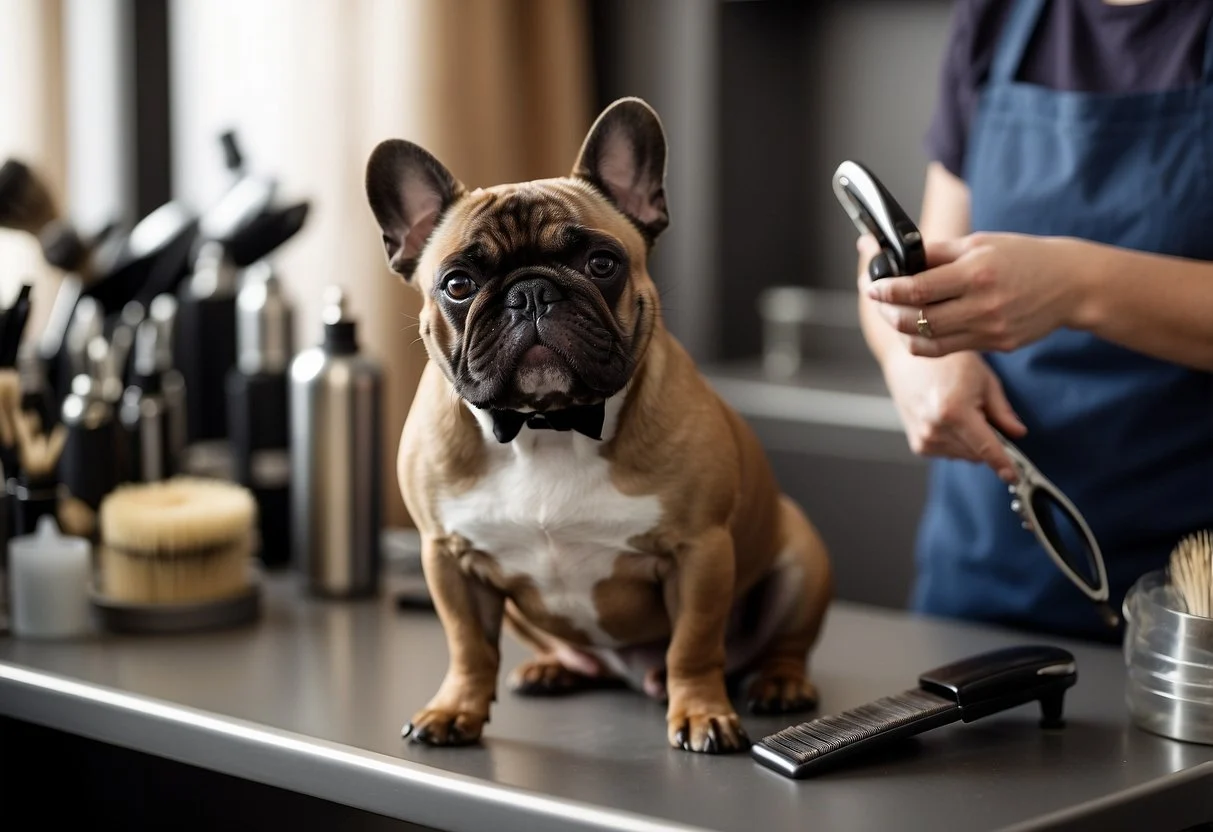 A fluffy French bulldog sits calmly on a grooming table while its coat is being carefully brushed and trimmed by a professional groomer. Various grooming tools and products are neatly arranged on the table