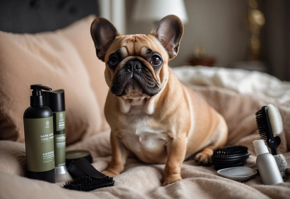A fluffy Frenchie sits on a cozy bed, surrounded by grooming tools and products. A gentle brush strokes its soft coat, while a happy expression reflects in its eyes