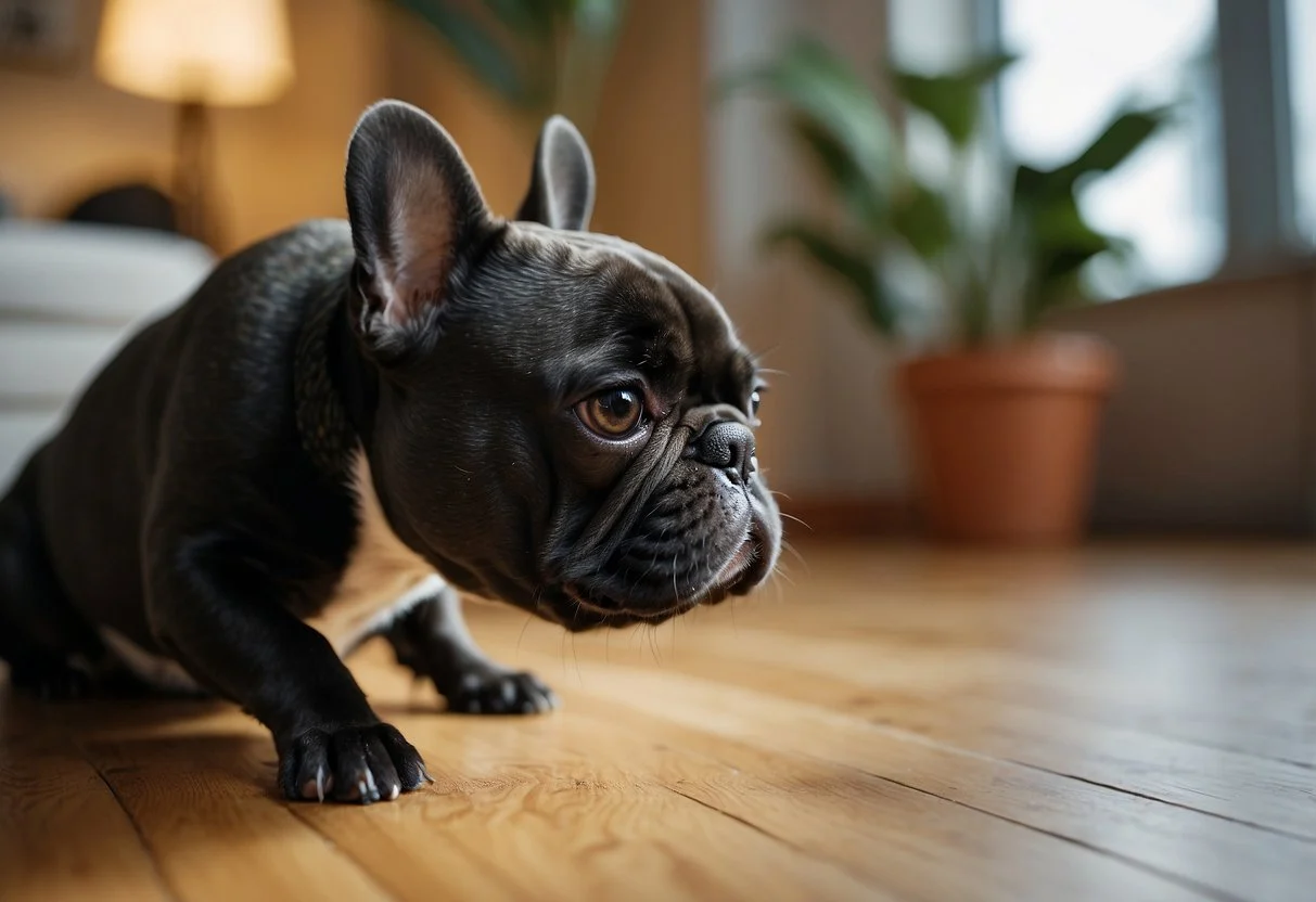 A fluffy Frenchie exercises on a non-slip surface with a vet-approved diet and joint supplements nearby