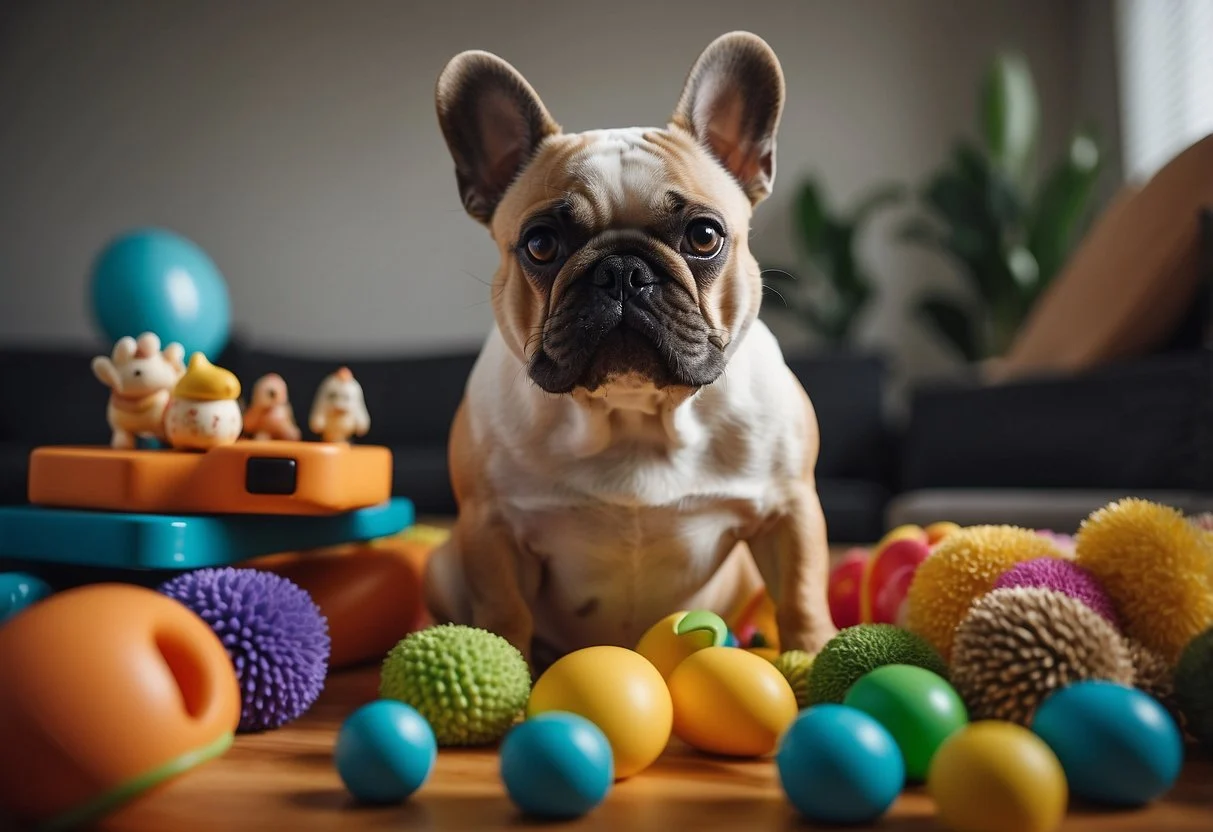 A fluffy French Bulldog stands on a cushioned surface, surrounded by toys and a bowl of healthy food. A veterinarian demonstrates hip-strengthening exercises to prevent dysplasia