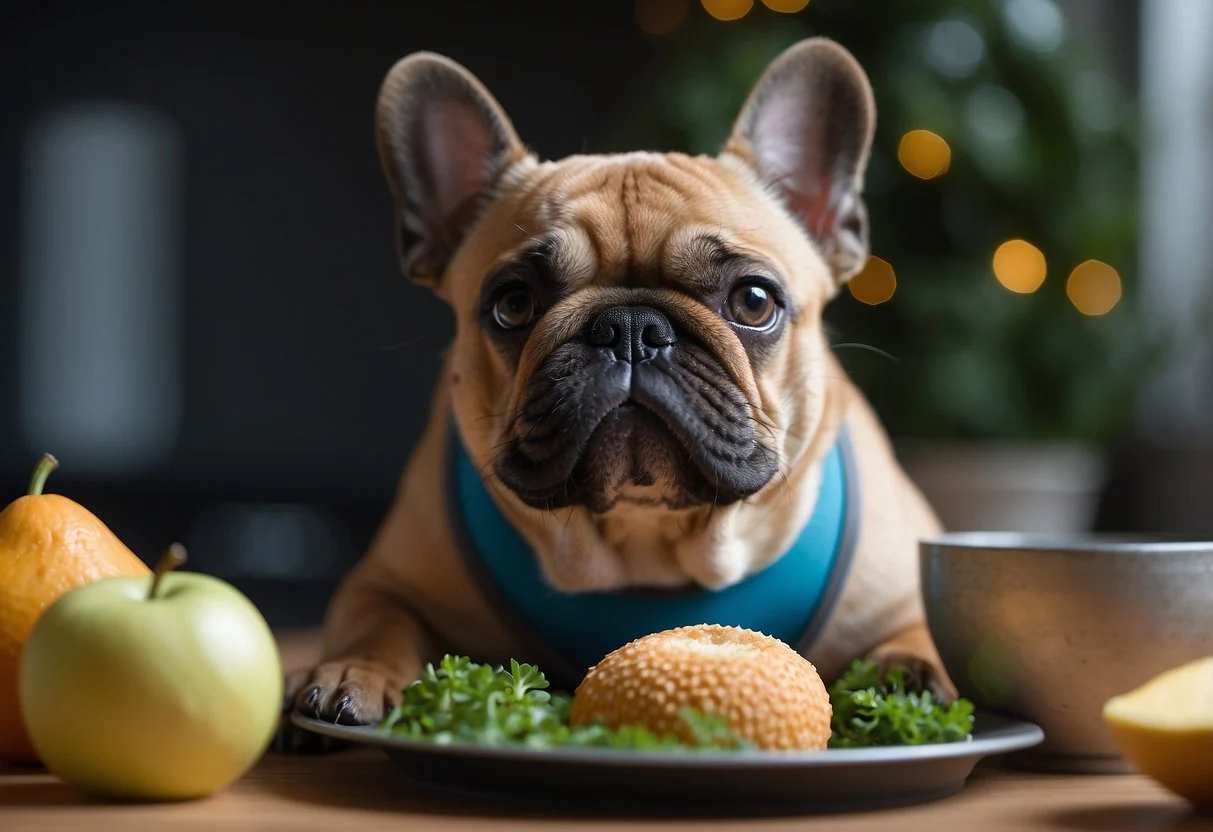 A fluffy frenchie is seen enjoying a balanced diet and engaging in regular exercise to prevent hip dysplasia