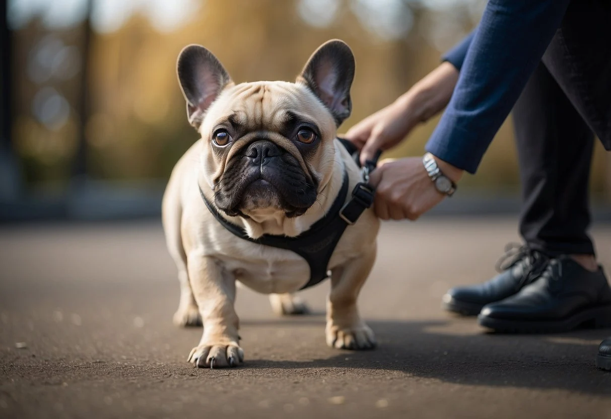 A fluffy French bulldog is being gently guided through hip dysplasia prevention exercises by a caring veterinarian