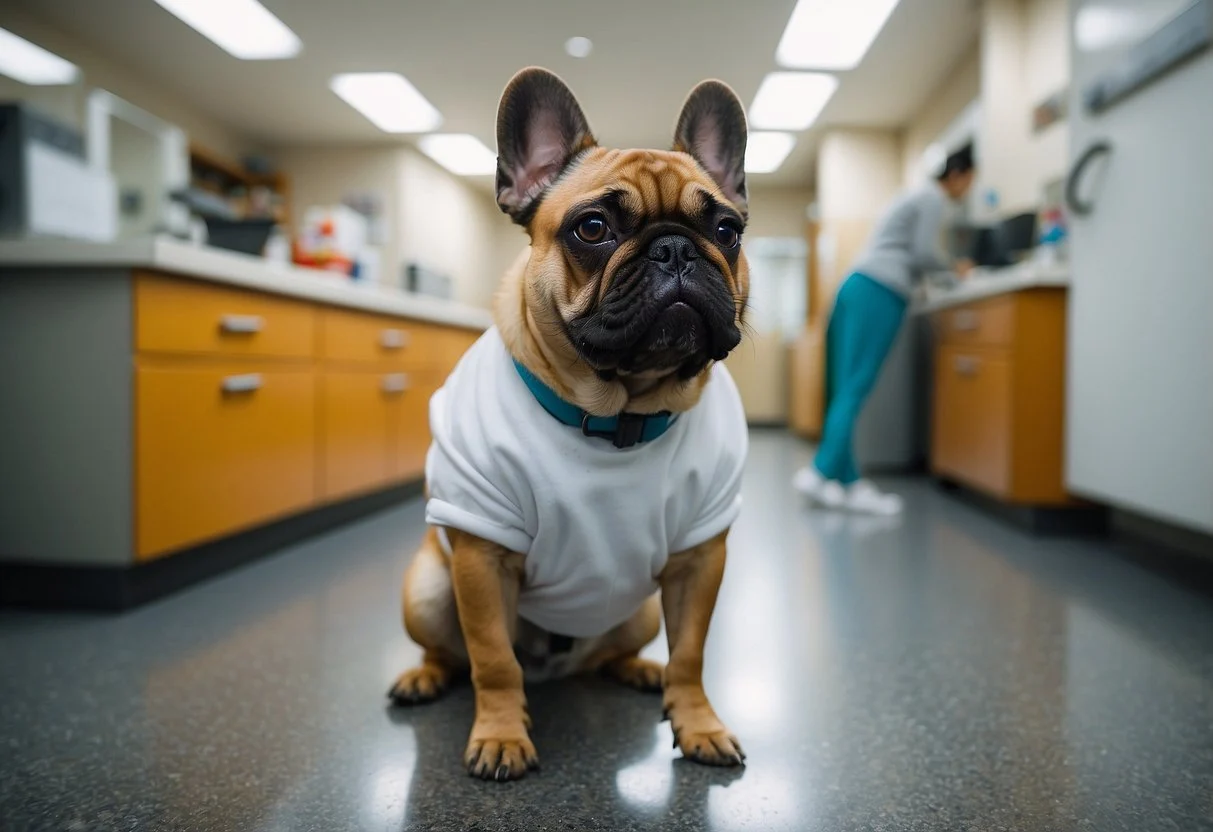 A fluffy Frenchie walks through a vet clinic, receiving hip dysplasia prevention care and support from the staff