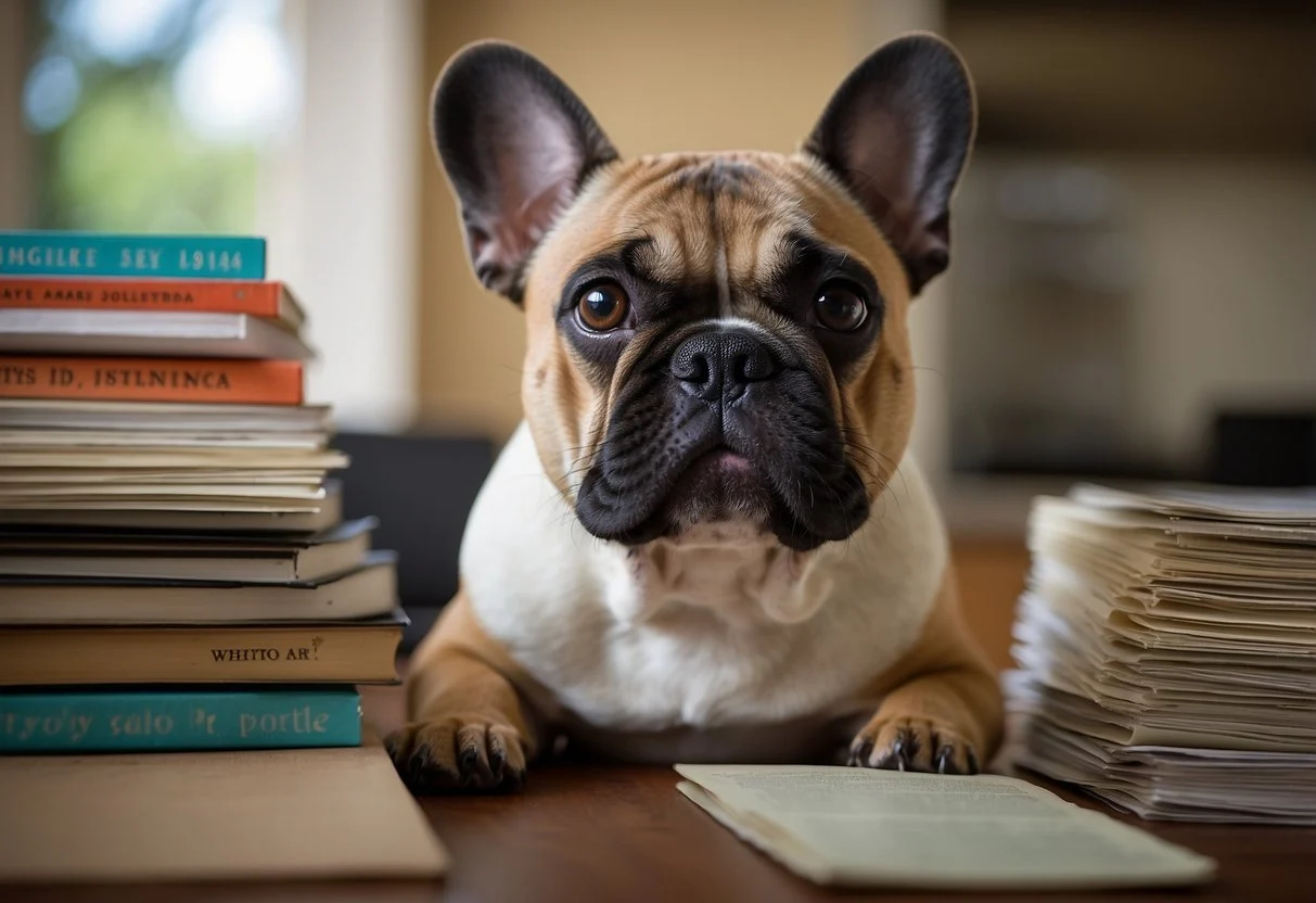 A fluffy French bulldog sits beside a stack of pamphlets titled "Frequently Asked Questions: Hip Dysplasia Prevention." The dog looks alert and attentive, with a concerned expression on its face