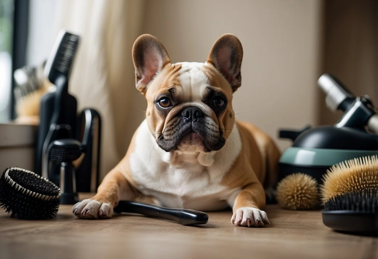 A fluffy French bulldog surrounded by shedding brushes, combs, and hair vacuums