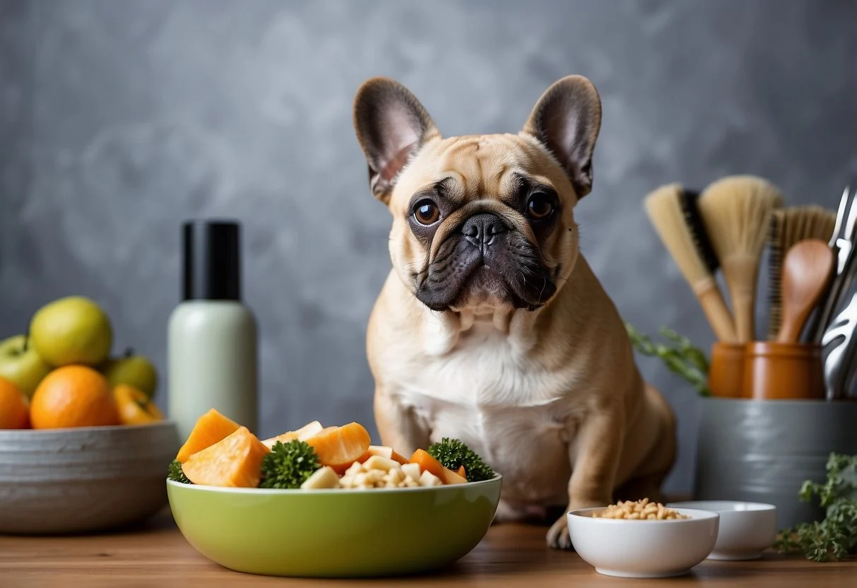 A fluffy Frenchie sits beside a bowl of healthy food, while a brush and grooming tools lie nearby. A chart on the wall displays a shedding management plan