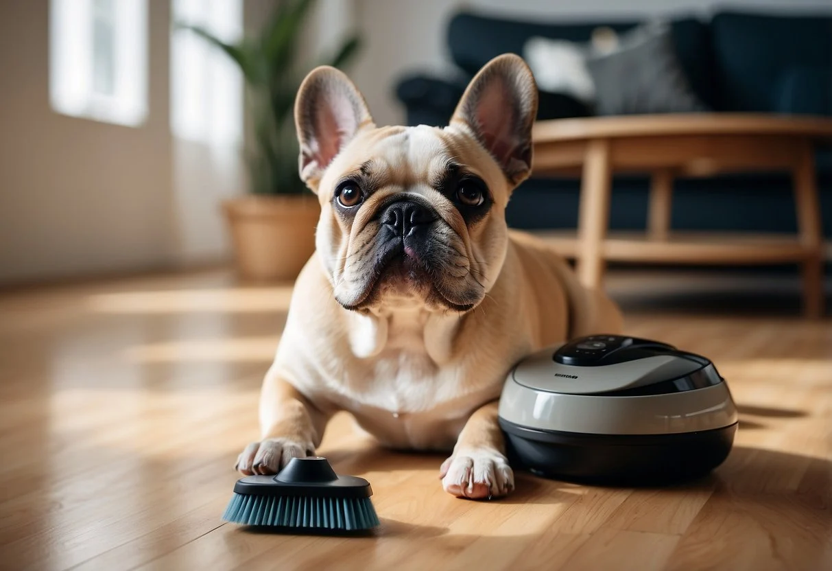 A fluffy French bulldog plays in a clean, spacious living room with minimal furniture and plenty of natural light. A grooming brush and vacuum cleaner are nearby, along with a healthy dog food bowl