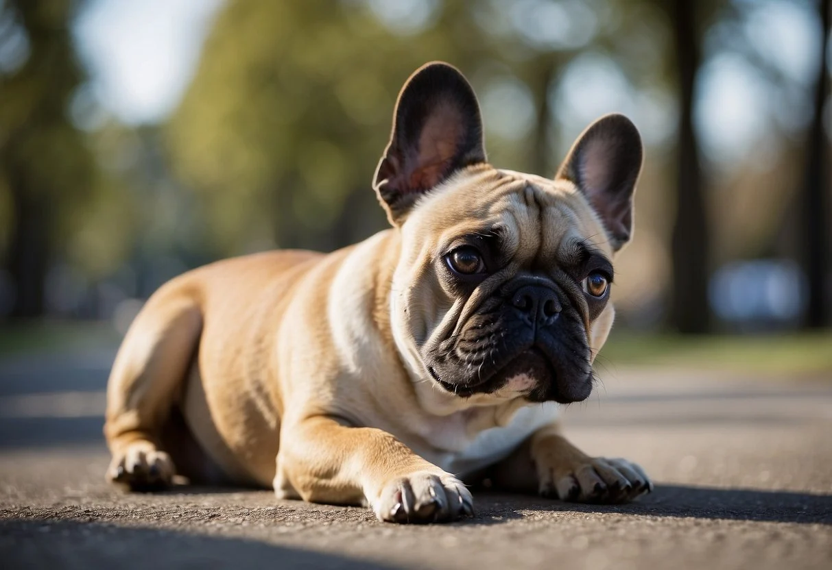 A French bulldog struggles to breathe due to its short, flat skull. Its wide-set eyes bulge, and its nostrils are narrow and obstructed