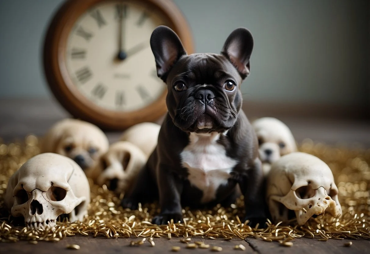 A French bulldog with a proportionate skull, breathing easily, surrounded by healthy, happy puppies