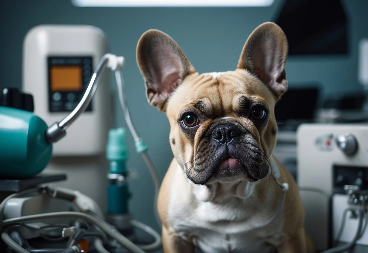 A French bulldog with a worried expression, struggling to breathe, surrounded by medical equipment and a concerned veterinarian