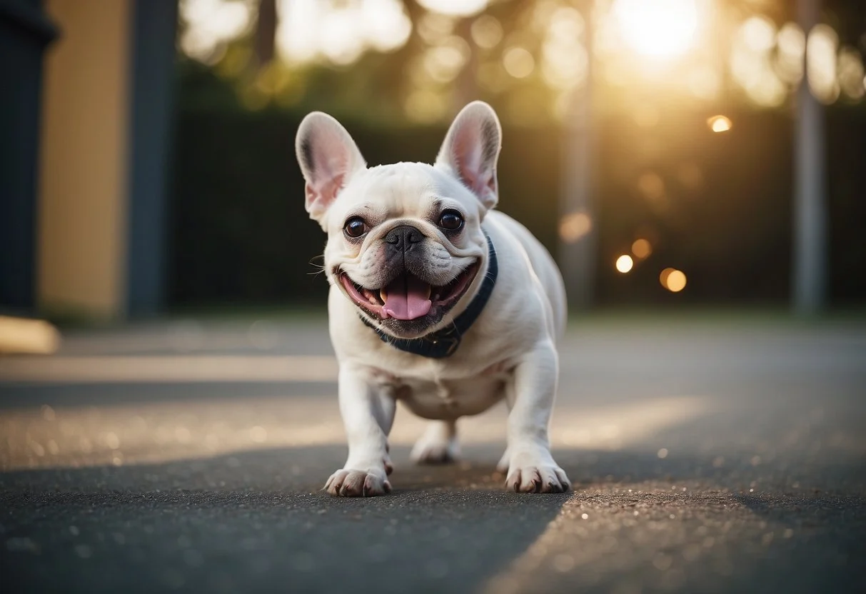 A French bulldog struggles to breathe, mouth open, tongue out, and chest heaving