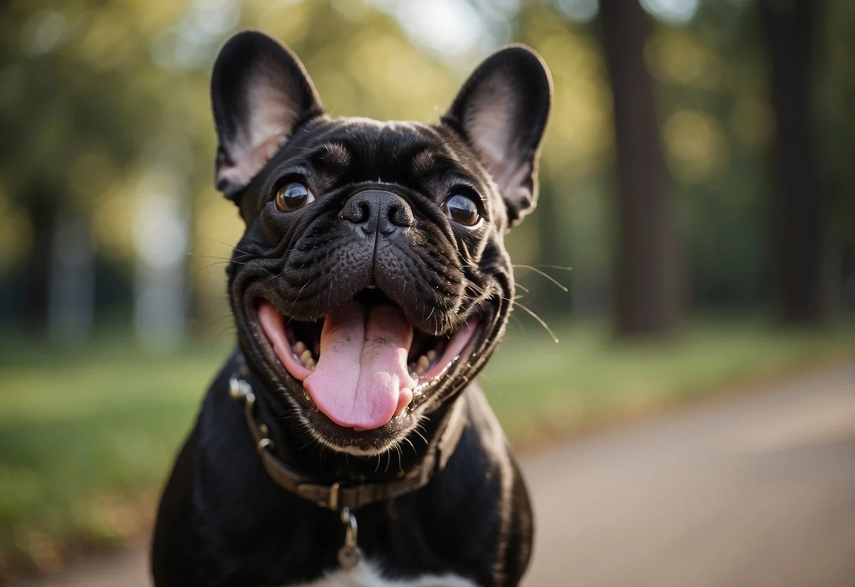 A French bulldog panting heavily, tongue lolling out, with a worried expression on its face. Its chest heaving as it struggles to catch its breath