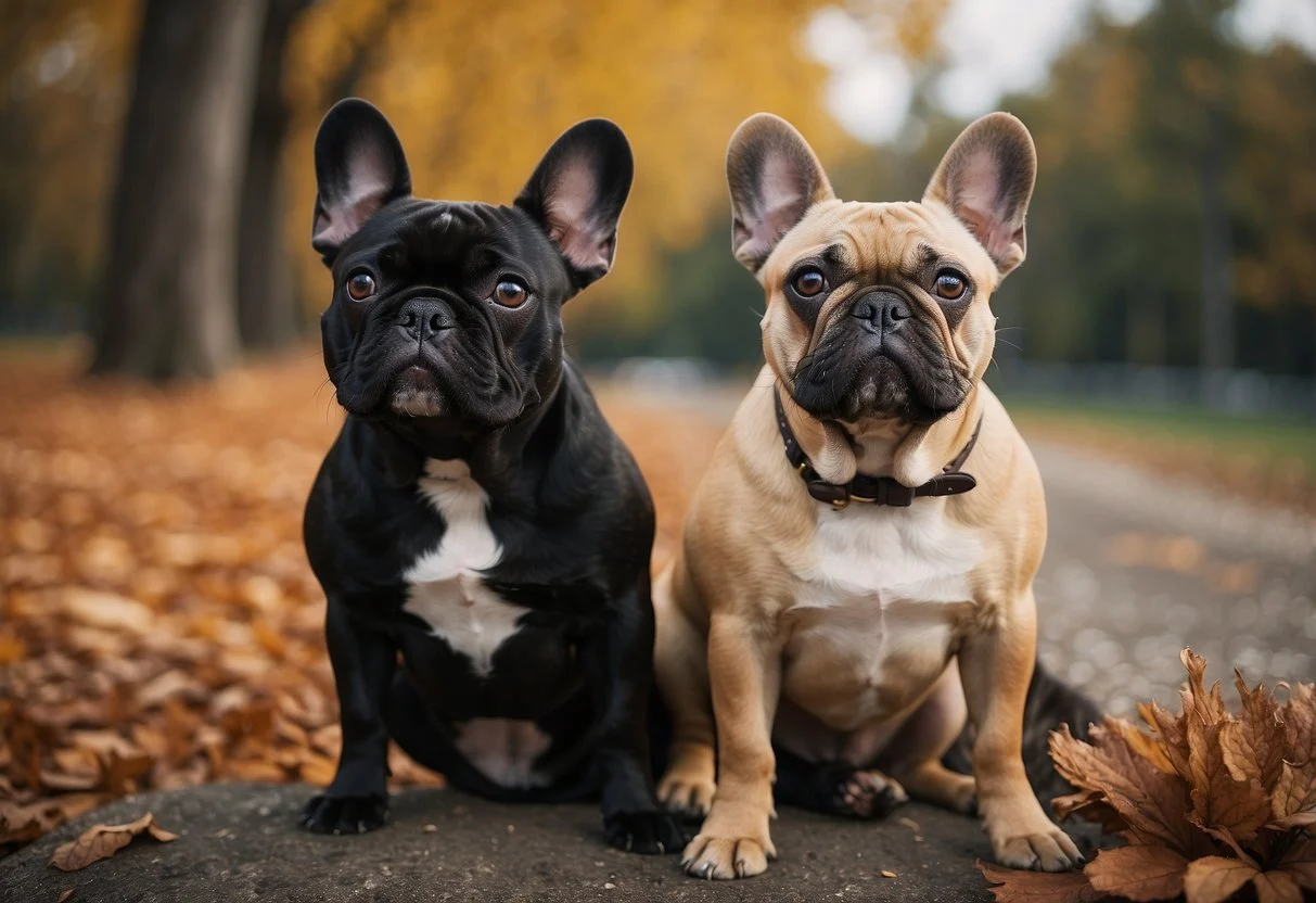 A French bulldog with a fawn coat sits next to a black and tan French bulldog, showcasing the basic genetics of French bulldog coat colors
