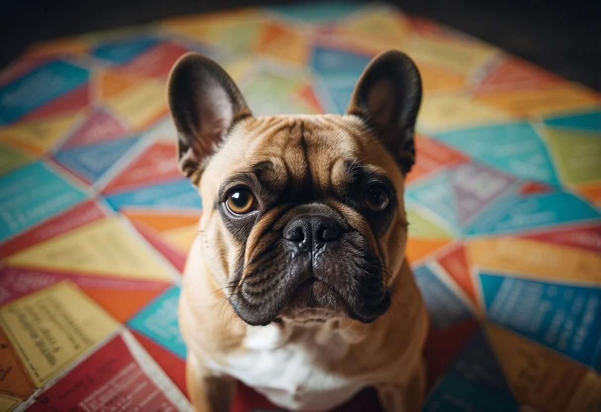 A French bulldog surrounded by colorful genetic charts and diagrams