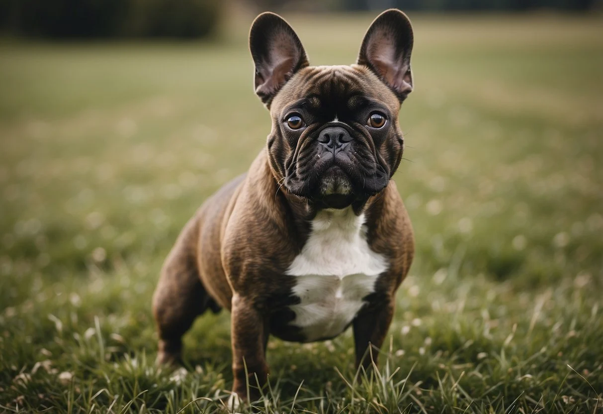 A French bulldog stands on a grassy field, showcasing various coat types: fawn, brindle, pied, and solid colors