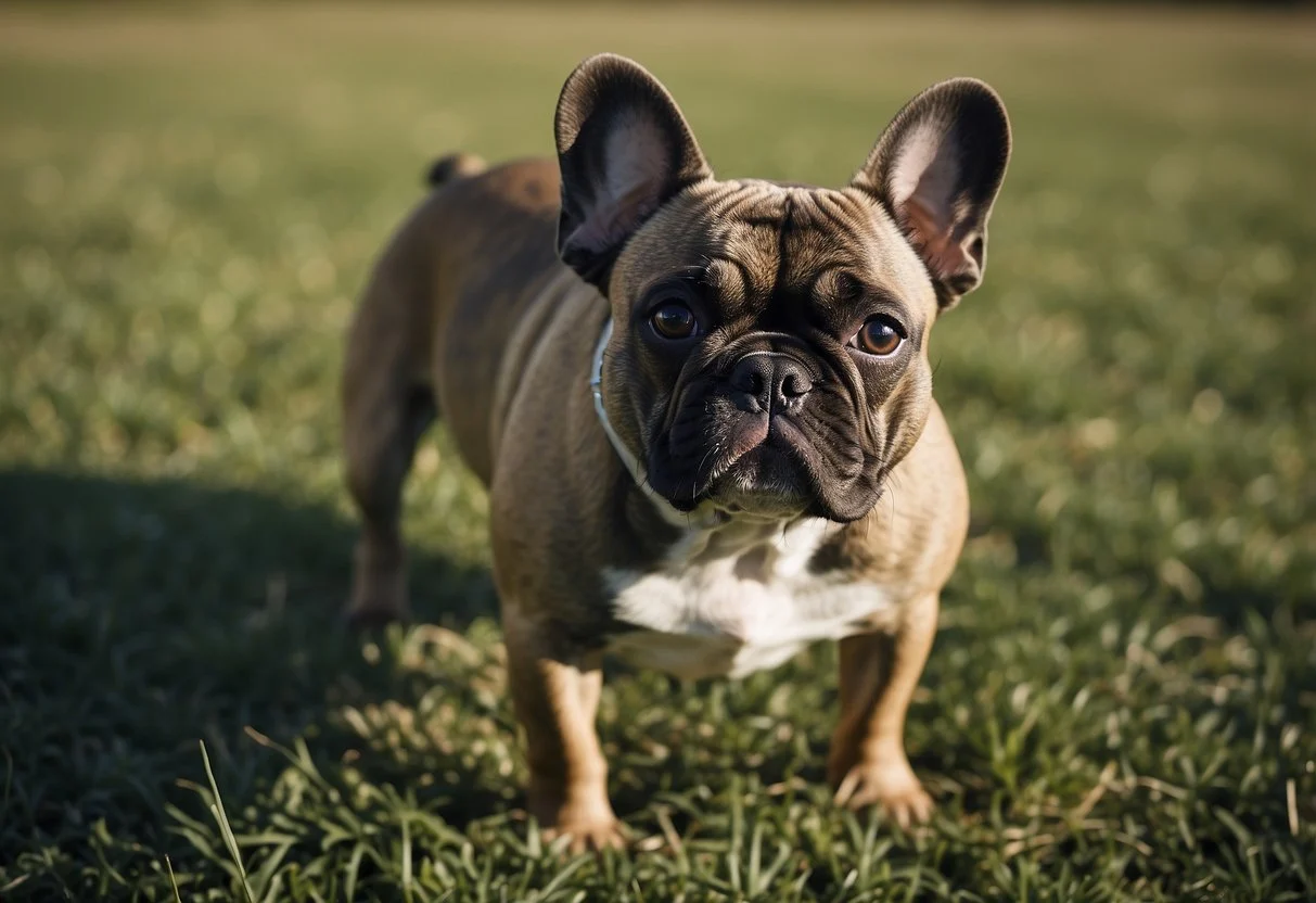 A French Bulldog stands on a grassy field, showcasing various coat types: solid, brindle, pied, and fawn