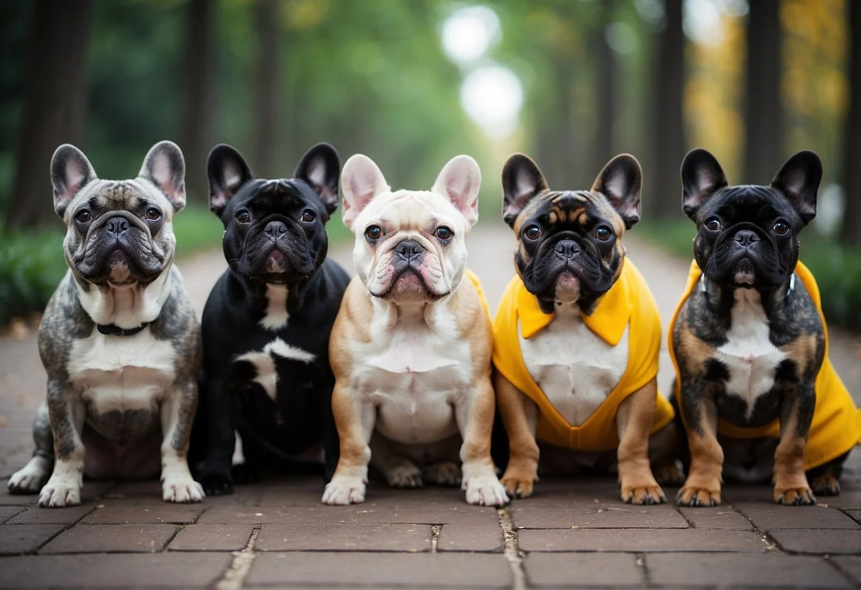 A group of French bulldogs with different coat types stand in a row, showcasing their unique colors and patterns