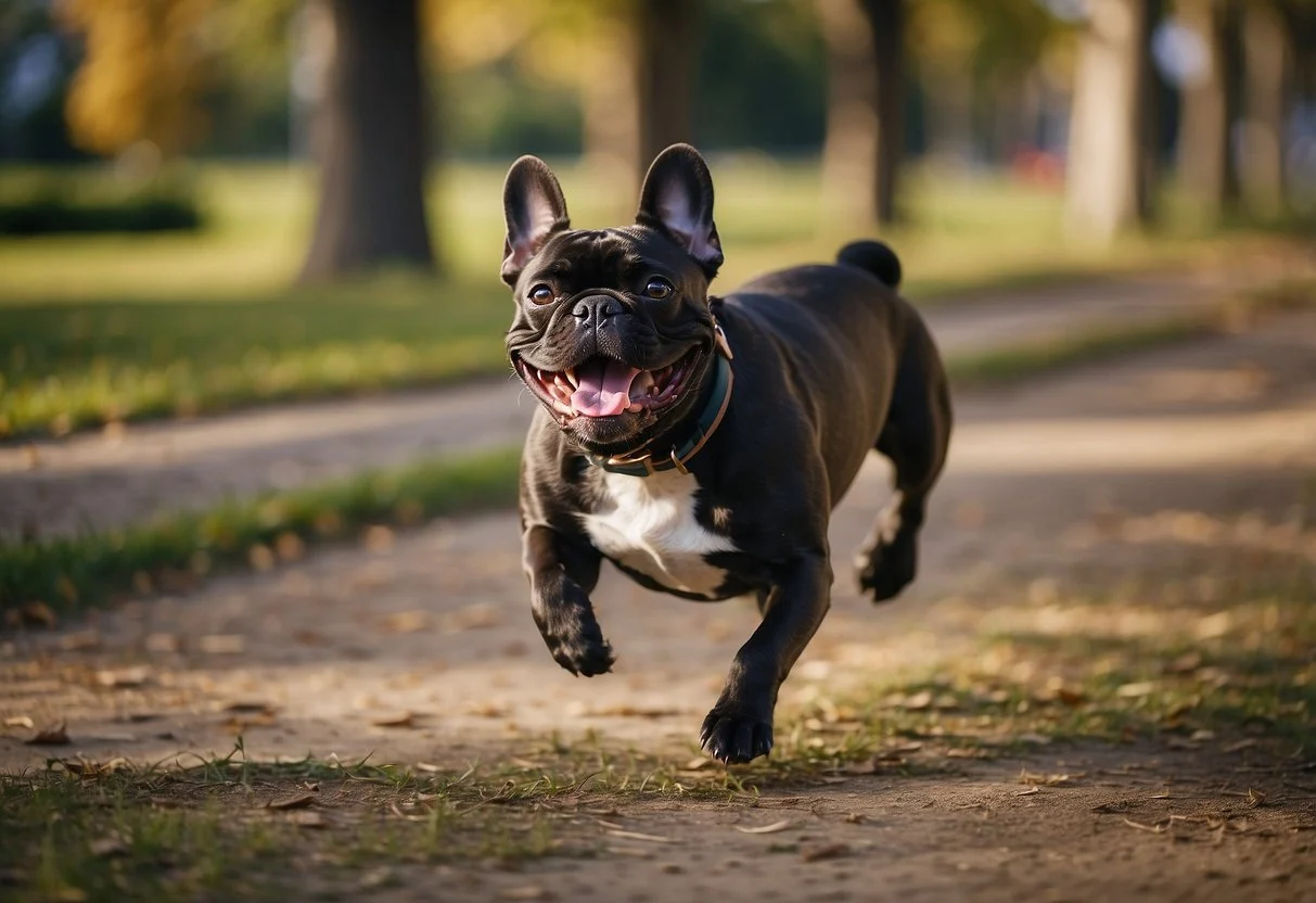 A French bulldog panting heavily while struggling to keep up with other dogs during a walk