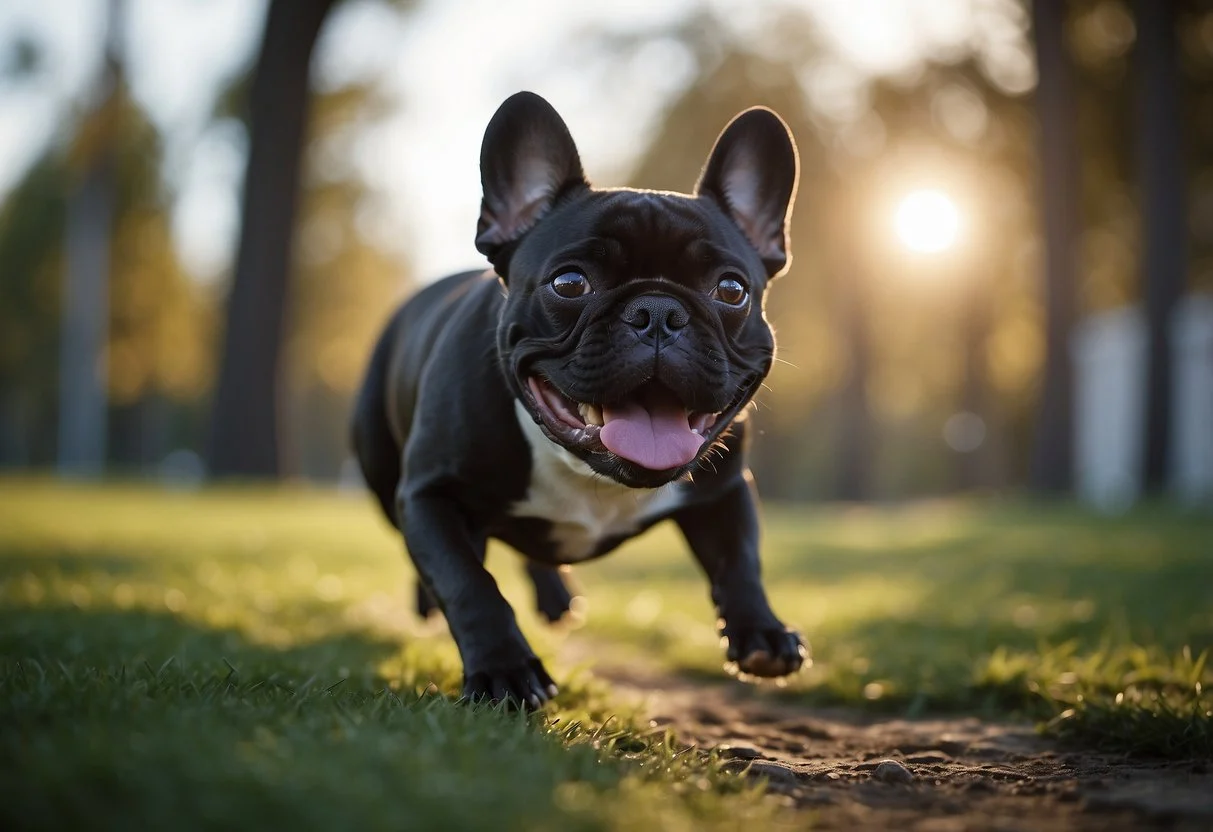 A French bulldog struggles to keep up with other dogs during a walk, panting heavily and stopping frequently