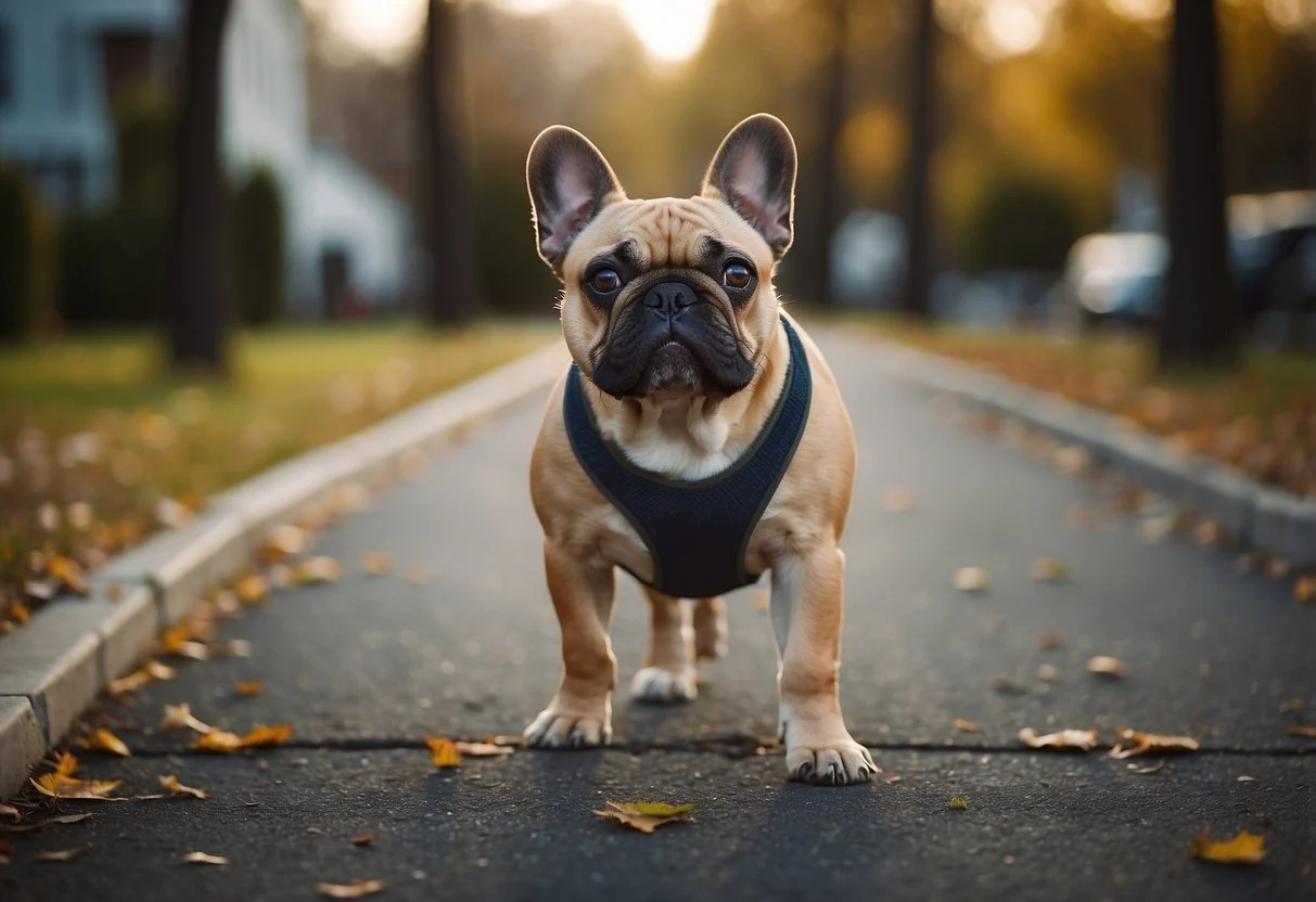 A French bulldog pants heavily, struggles to keep up on a walk, and collapses after minimal activity