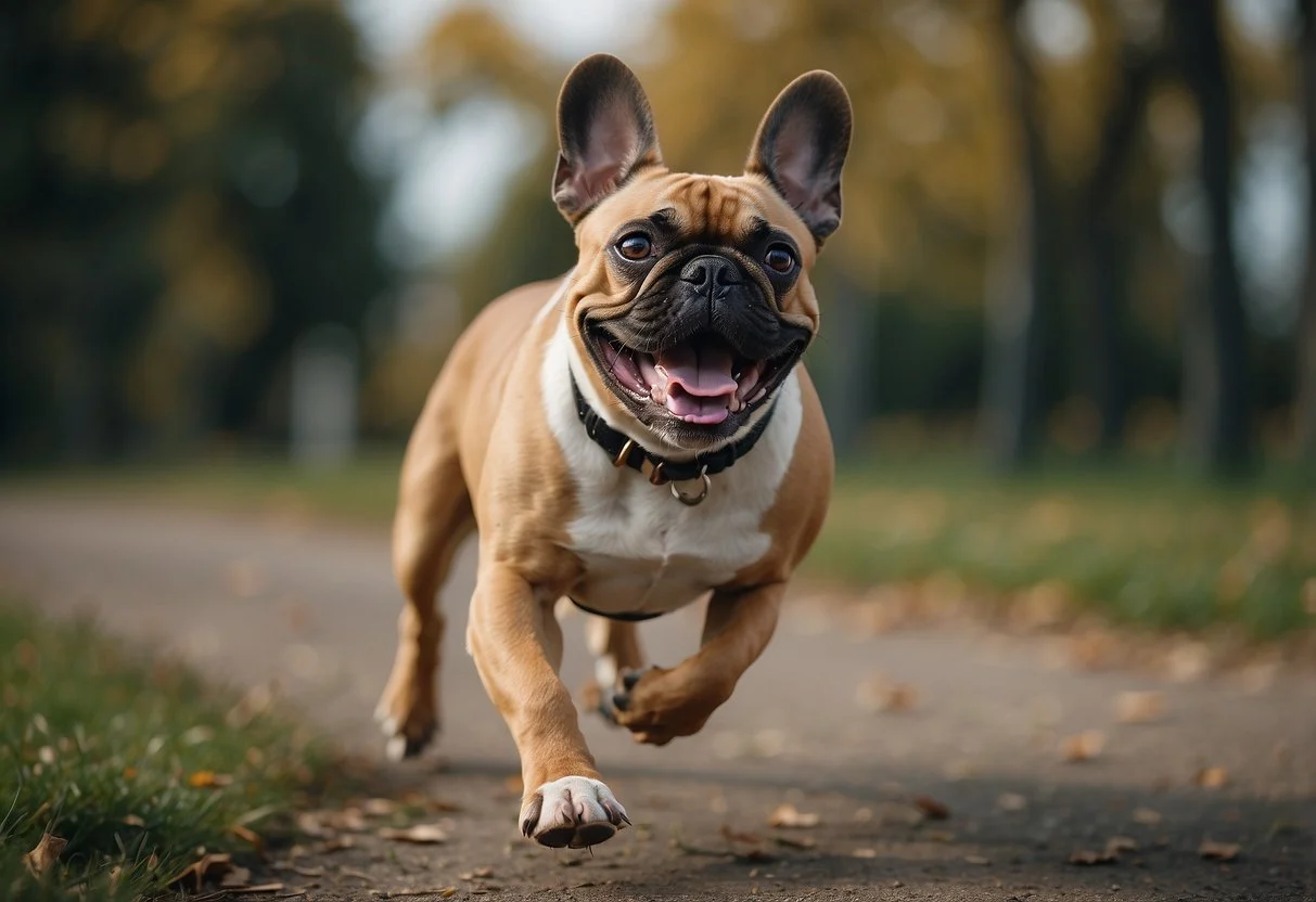A French bulldog struggles to keep up with other dogs during a walk, panting heavily and showing signs of exercise intolerance