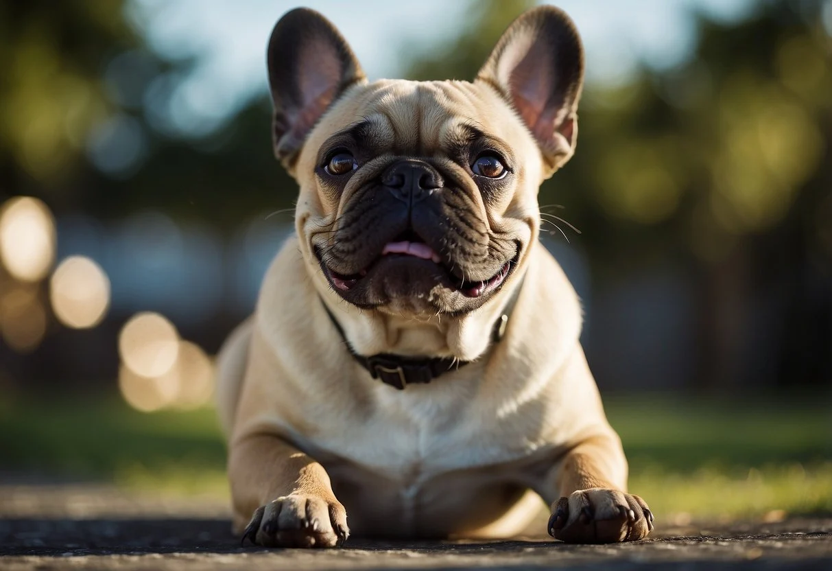 A French bulldog sitting with a tired expression, panting heavily, and avoiding physical activity