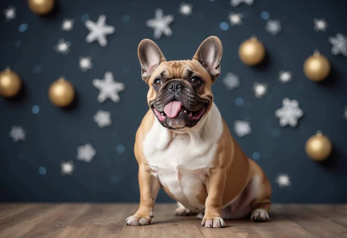 A French bulldog surrounded by hypoallergenic symbols and myths, such as crossed-out sneezing and itching symbols, with a clear and happy expression