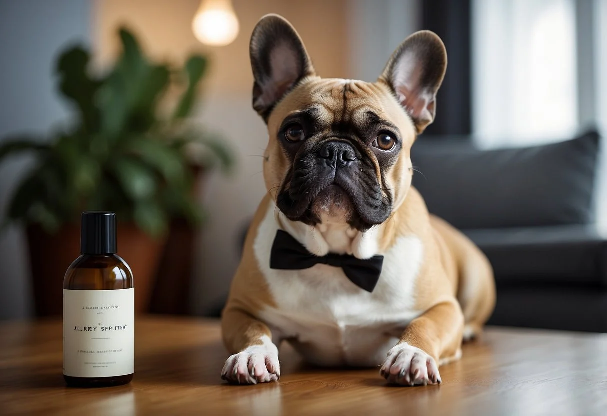 A French bulldog sits beside a hypoallergenic label. Pet hair and dander float in the air. Allergy sufferers react to the dog