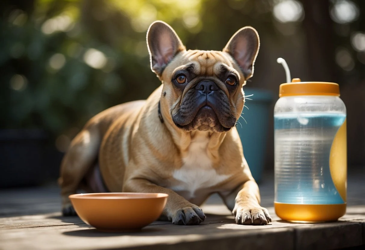 A French bulldog sits in the shade with a bowl of water, panting to cool down. A fan blows nearby to help prevent overheating