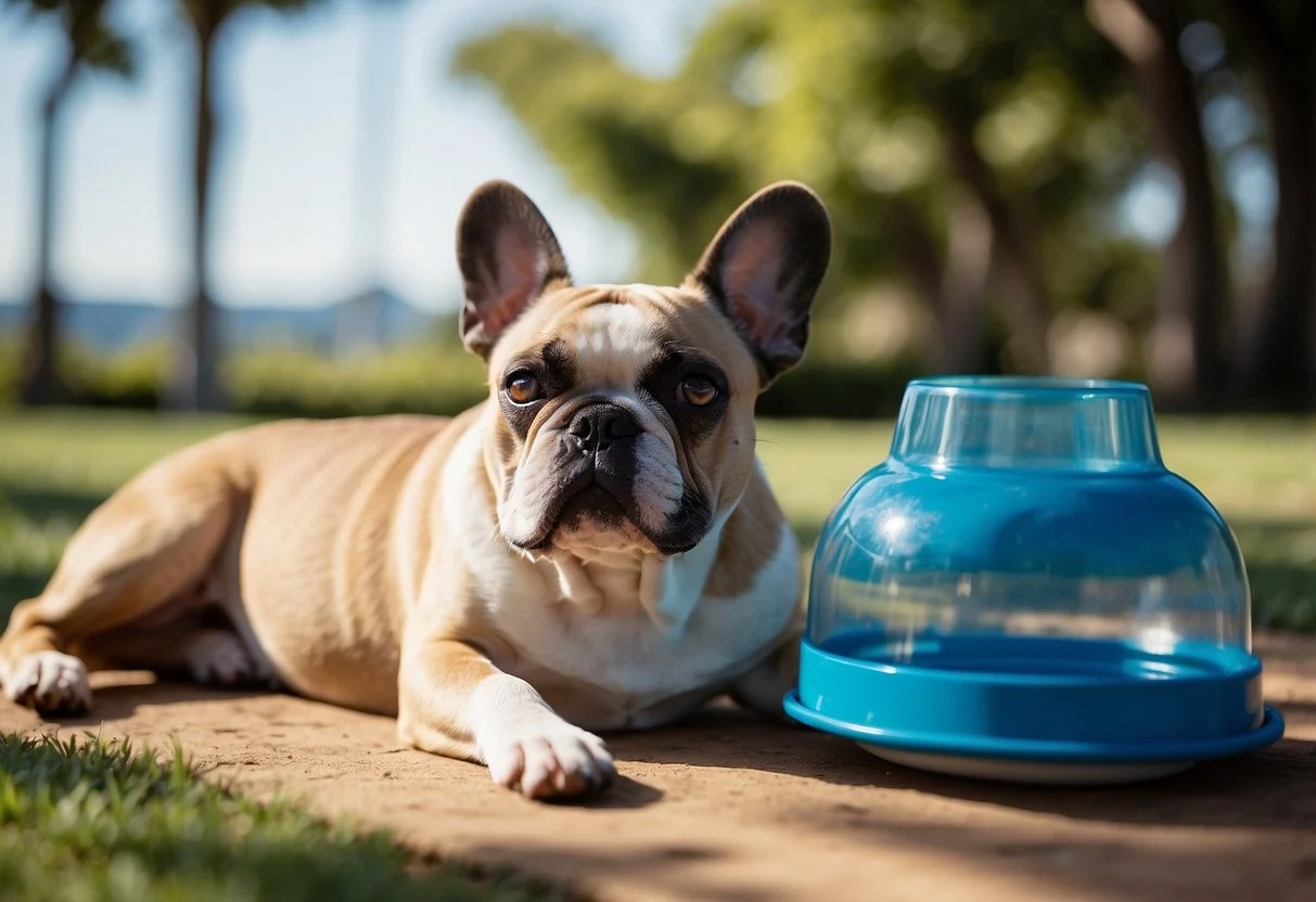 A French bulldog lounges in the shade with a cool water bowl nearby, while a fan blows gentle breezes to prevent overheating