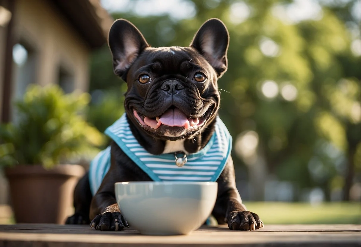 A French bulldog sitting in the shade with a bowl of water, panting to cool down on a hot day