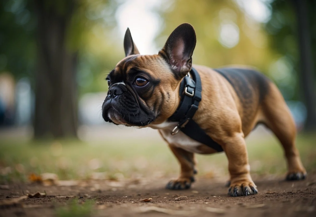 A French bulldog's hind leg is bent at an unnatural angle, causing discomfort and difficulty walking