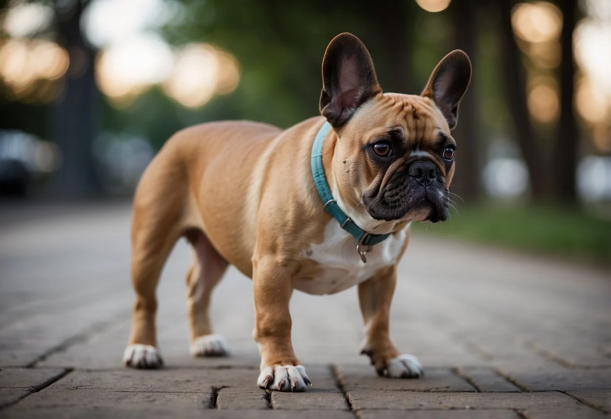 A French bulldog's hind leg bends unnaturally, causing discomfort
