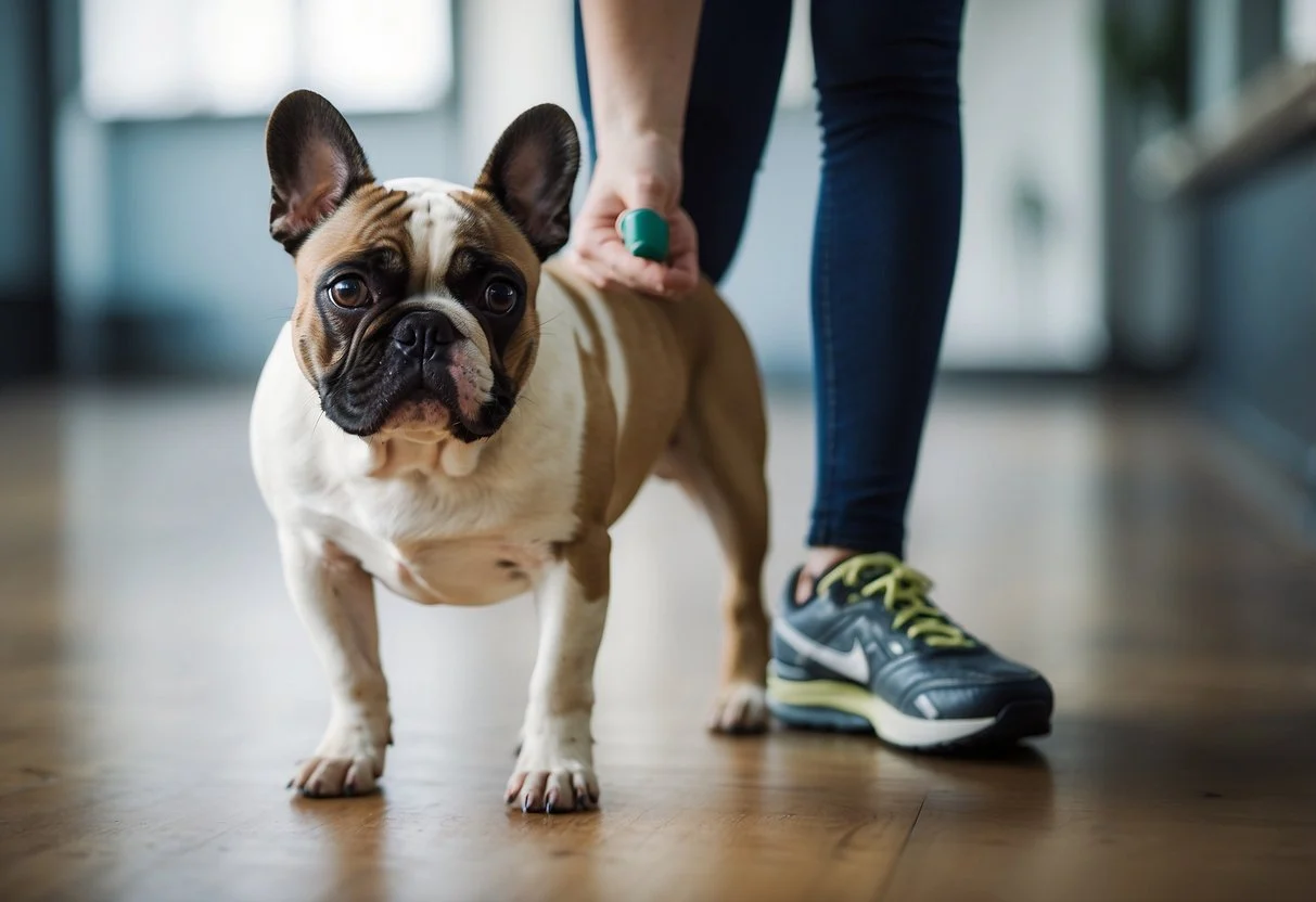 A French bulldog limps on one hind leg, showing signs of pain. A veterinarian examines the leg and diagnoses patella luxation