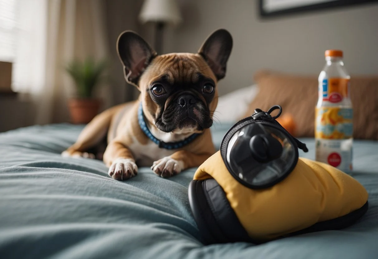 A French bulldog lies on a cushioned bed, wearing a small brace on its hind leg. A person gently massages the dog's leg, while another holds a bottle of medication