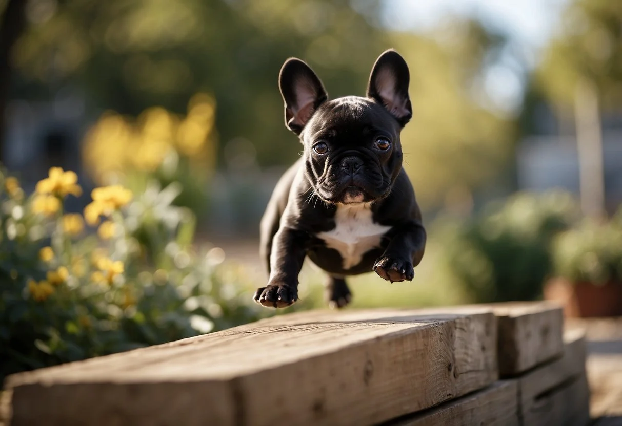 A French bulldog puppy struggles to jump over a small obstacle, panting and wagging its tail