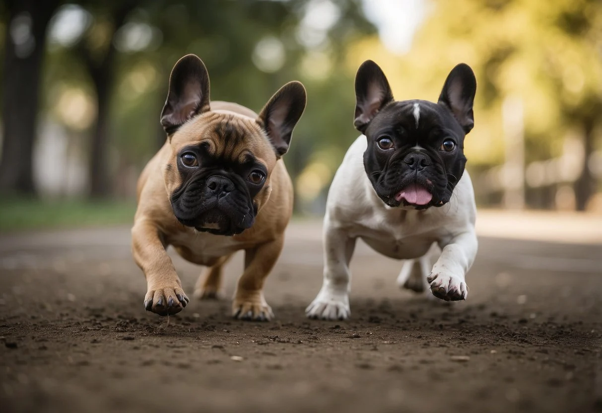 A French Bulldog puppy struggles to keep up with an older dog during a play session, panting and taking frequent breaks due to its limited endurance