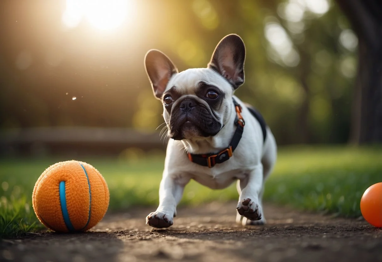 A French bulldog puppy plays indoors with toys, then goes outside on a leash for a walk or run