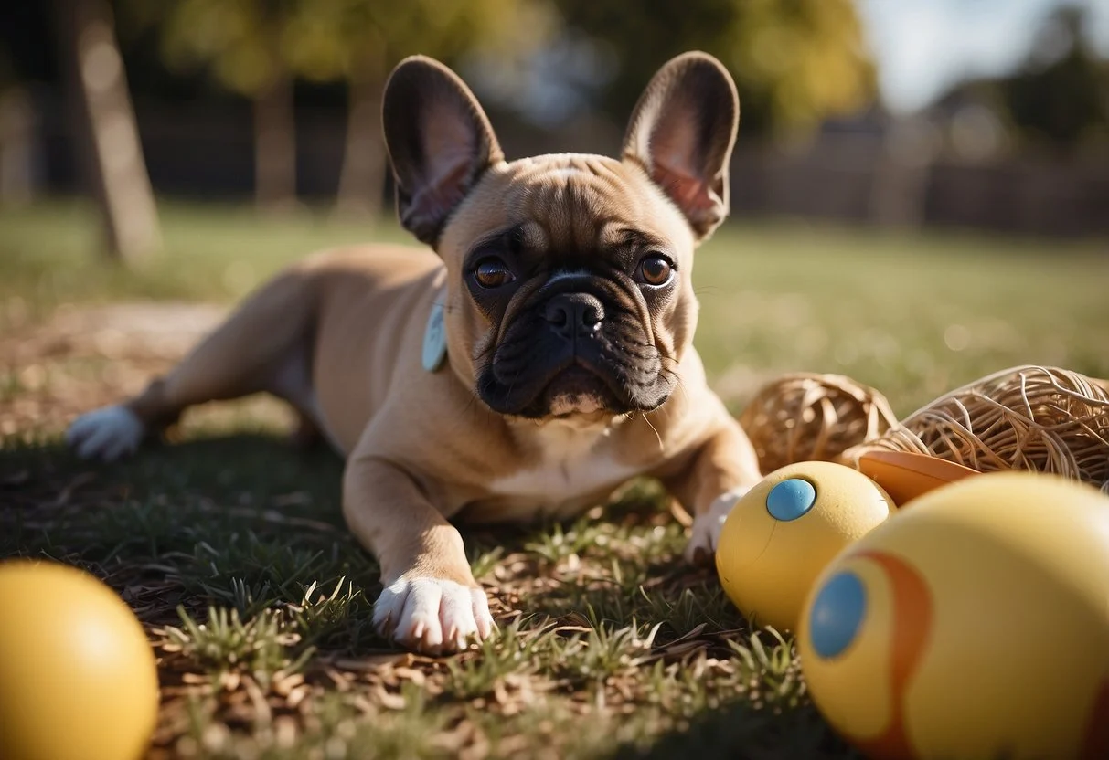 A French bulldog puppy playing in a fenced yard, with toys scattered around. A person watches from a nearby bench