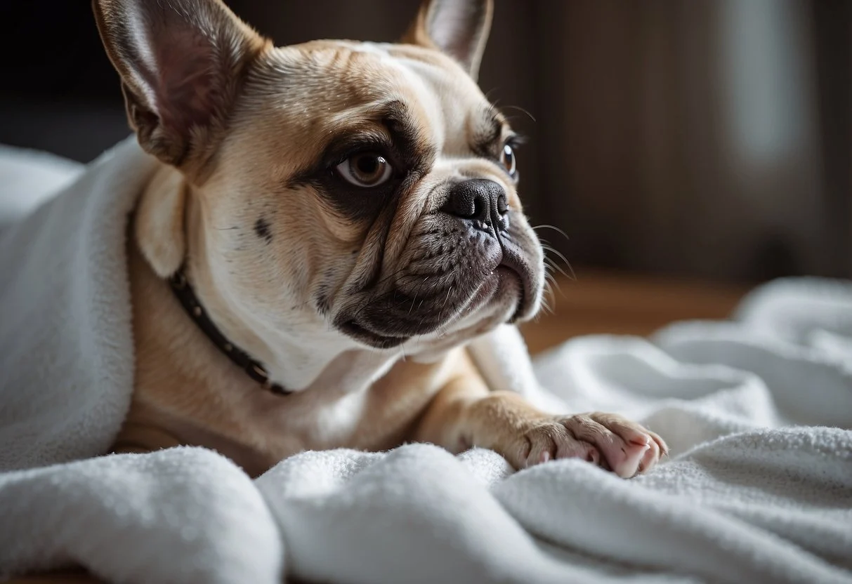 A French bulldog with tear stains sits on a clean, white towel as its owner gently wipes its face with a tear stain removal solution
