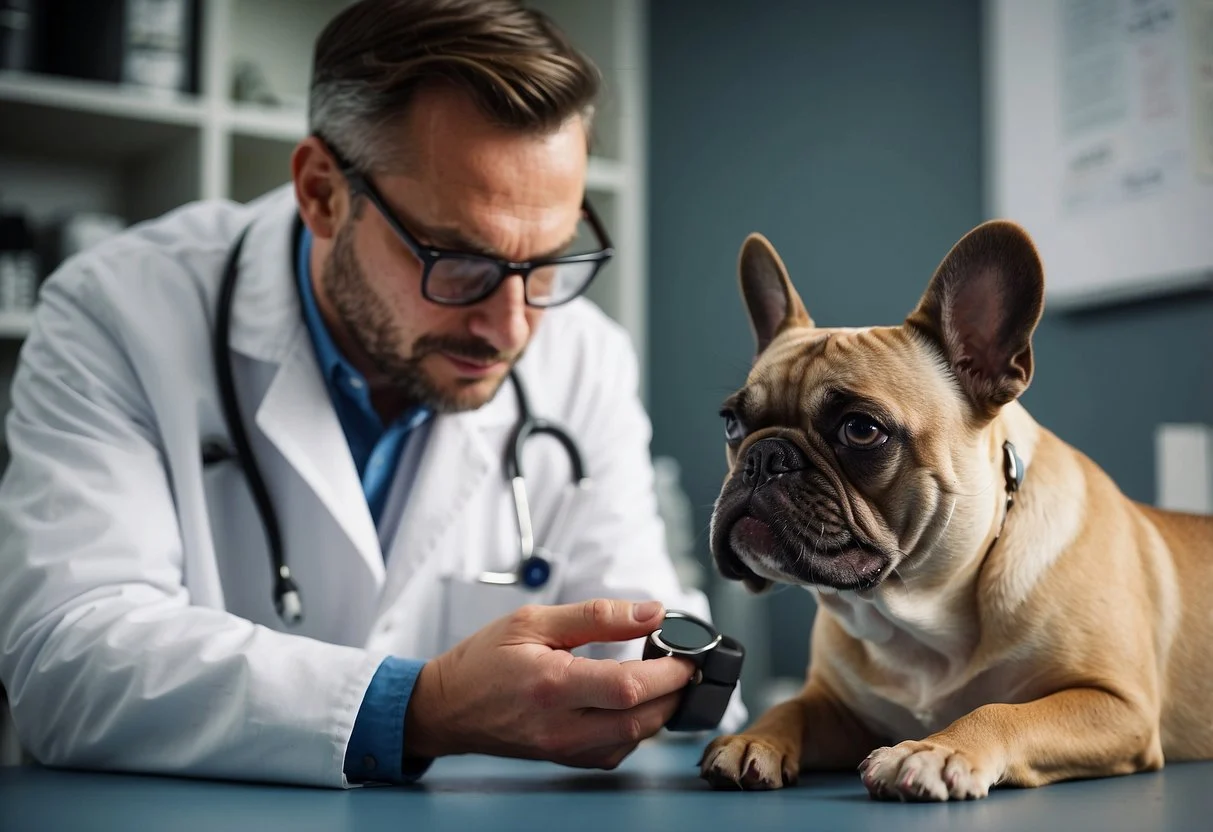 A French bulldog with tear stains sits next to a veterinarian, who is examining the dog's eyes and discussing tear stain removal options