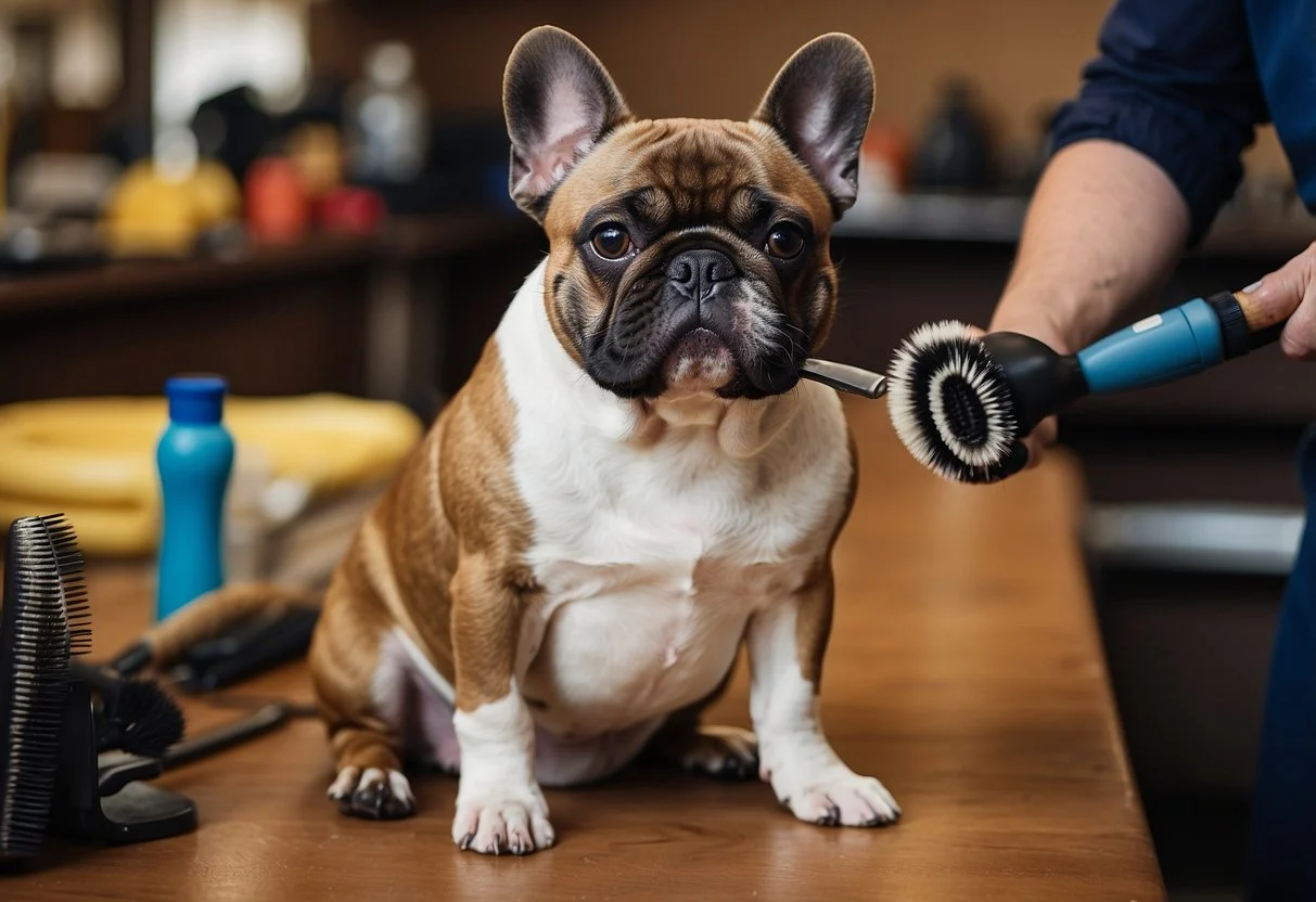 A French Bulldog sits calmly as a groomer brushes its coat with the right tools, creating a flawless and shiny finish