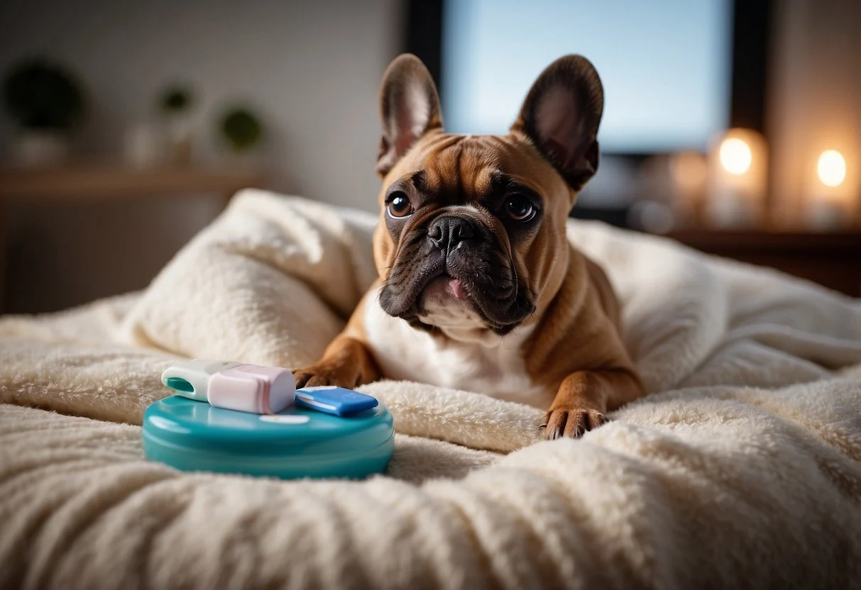 A French Bulldog lies on a cozy bed, surrounded by holistic care items like natural toothpaste, a toothbrush, and dental chews